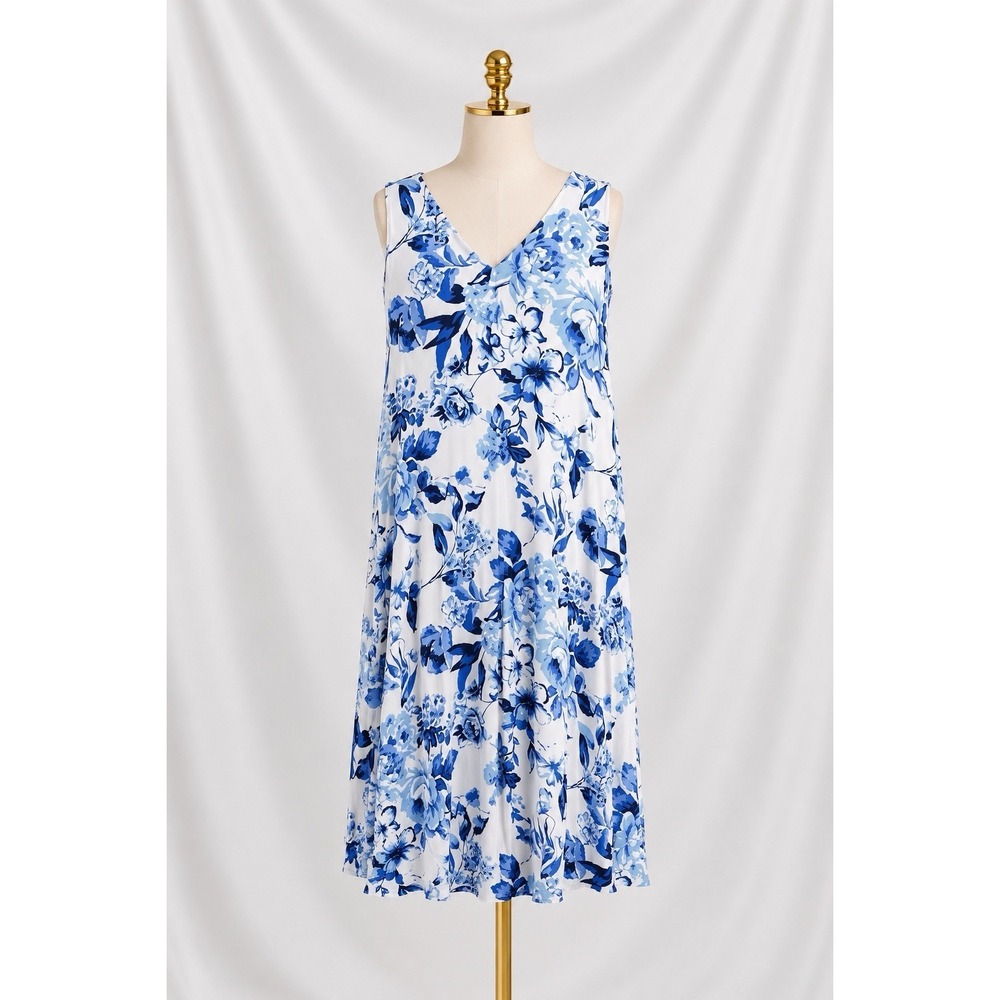 Belle By Kim Gravel Floral Blue White Maxi Dress Pockets Sleeveless Size LP‎